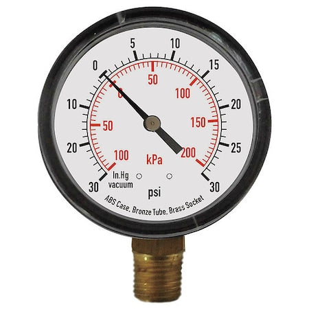 Commercial Compound Gauge, 30 to 0 to 30 psi, 3 1/2 in Dial, 1/4 in NPT, Bottom Location