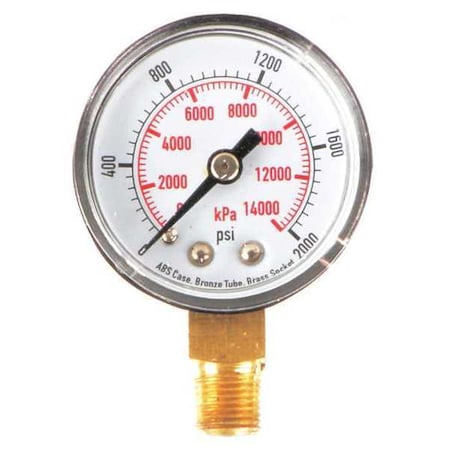 Commercial Pressure Gauge, 0 to 2, 000 psi, 1 1/2 in Dial, 1/8 in NPT, Bottom Location