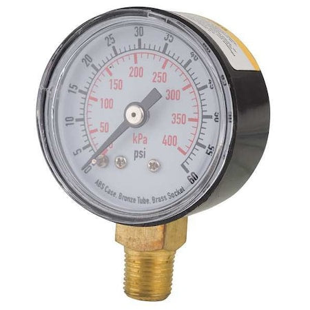 Commercial Pressure Gauge, 0 to 60 psi, 1 1/2 in Dial, 1/8 in NPT, Bottom Location