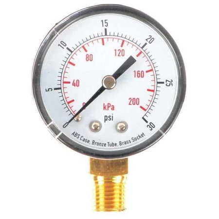 Pressure Gauge, Commercial, 0 to 30 psi, 2 in Dial, 1/4 in MNPT, Bottom Connection, Plastic, Black