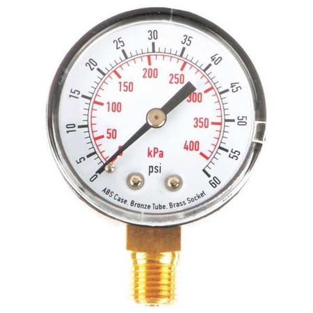 Pressure Gauge, Commercial, 0 to 60 psi, 2 in dial, 1/4 in MNPT, Bottom Connection, Plastic, Black