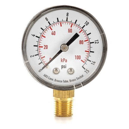 Pressure Gauge, Commercial, 0 to 15 psi, 2 in Dial, 1/4 in MNPT, Bottom Connection, Plastic, Black