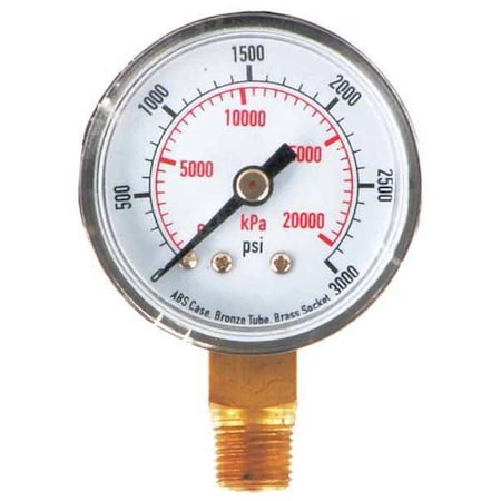 Commercial Pressure Gauge, 0 to 3, 000 psi, 1 1/2 in Dial, 1/8 in NPT, Bottom Location