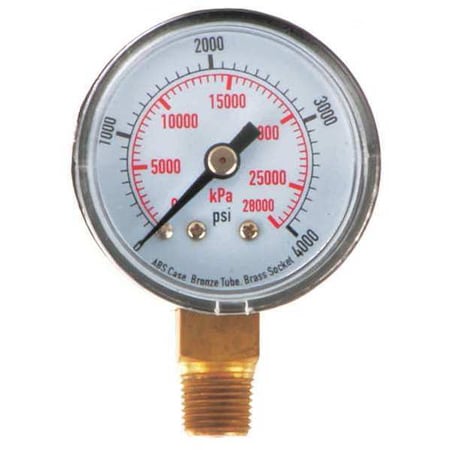 Commercial Pressure Gauge, 0 to 4, 000 psi, 1 1/2 in Dial, 1/8 in NPT, Bottom Location