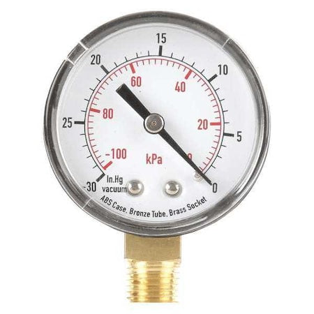 Vacuum Gauge, Commercial, 30 to 0 in Hg, 2 in Dial, 1/4 in NPT Male, Bottom, Plastic