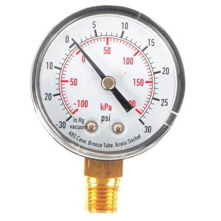 Commercial Compound Gauge, 30 to 0 to 30 psi, 2 in Dial, 1/4 in NPT, Bottom Location