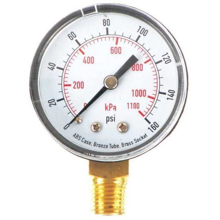 Pressure Gauge, Commercial, 0 to 160 psi, 2 in Dial, 1/4 in MNPT, Bottom Connection, Plastic, Black