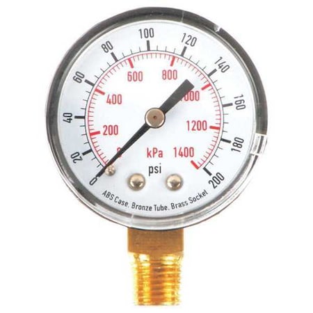 Pressure Gauge, Commercial, 0 to 200 psi, 2 in dial, 1/4 in MNPT, Bottom Connection, Plastic, Black