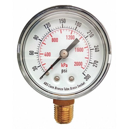 Pressure Gauge, Commercial, 0 to 300 psi, 2 in Dial, 1/4 in MNPT, Bottom Connection, Plastic, Black