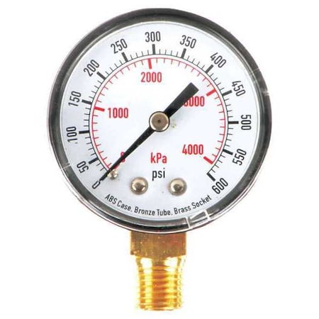 Pressure Gauge, Commercial, 0 to 600 psi, 2 in dial, 1/4 in MNPT, Bottom Connection, Plastic, Black
