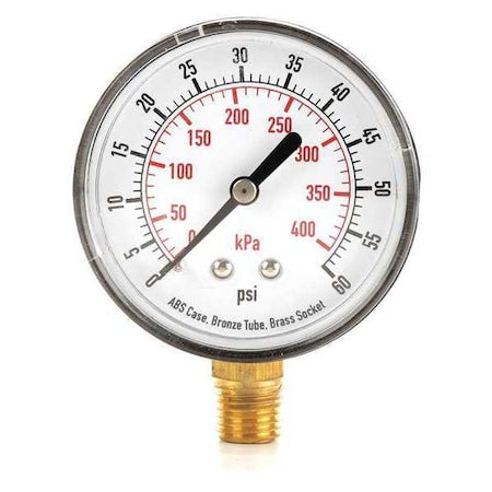 Commercial Pressure Gauge, 0 to 60 psi, 2 1/2 in Dial, 1/4 in NPT, Bottom Location