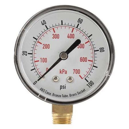 Commercial Pressure Gauge, 0 to 100 psi, 3 1/2 in Dial, 1/4 in NPT, Bottom Location