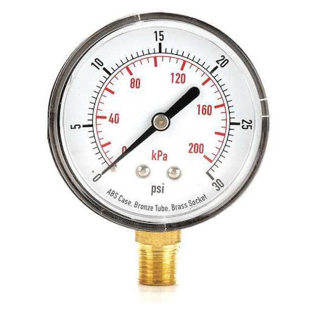 Commercial Pressure Gauge, 0 to 30 psi, 2 1/2 in Dial, 1/4 in NPT, Bottom Location