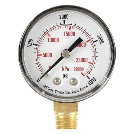 Pressure Gauge, Commercial, 0 to 4000 psi, 2 in dial, 1/4 in MNPT, Bottom Connection, Plastic, Black