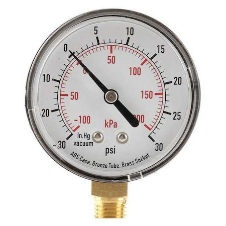 Commercial Compound Gauge, 30 to 0 to 30 psi, 2 1/2 in Dial, 1/4 in NPT, Bottom Location