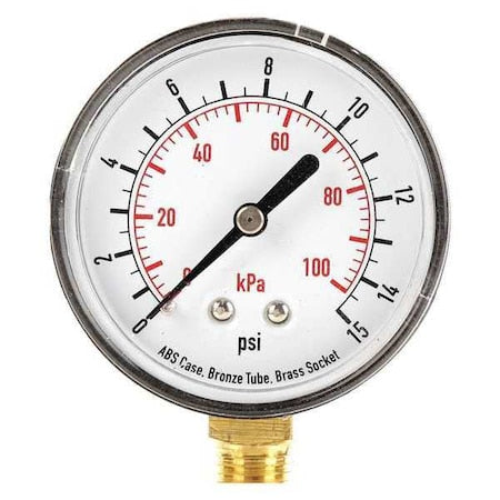 Commercial Pressure Gauge, 0 to 15 psi, 2 1/2 in Dial, 1/4 in NPT, Bottom Location