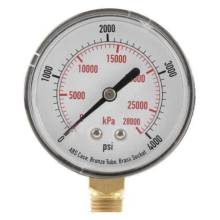 Commercial Pressure Gauge, 0 to 4, 000 psi, 2 1/2 in Dial, 1/4 in NPT, Bottom Location
