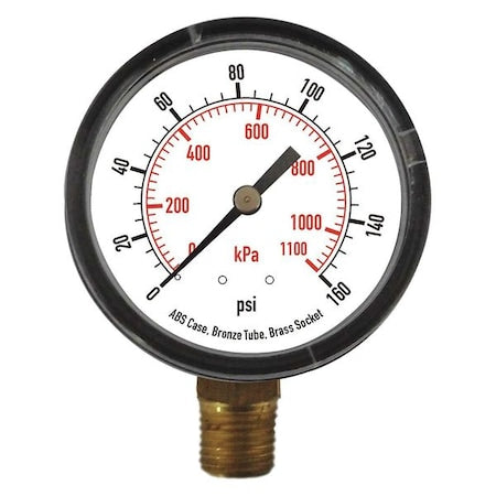 Commercial Pressure Gauge, 0 to 160 psi, 2 1/2 in Dial, 1/4 in NPT, Bottom Location