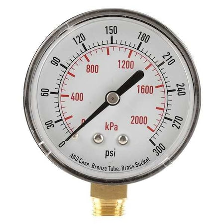 Commercial Pressure Gauge, 0 to 300 psi, 2 1/2 in Dial, 1/4 in NPT, Bottom Location