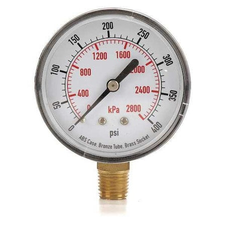 Commercial Pressure Gauge, 0 to 400 psi, 2 1/2 in Dial, 1/4 in NPT, Bottom Location