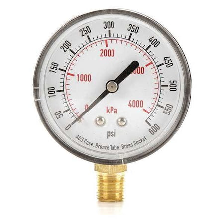 Commercial Pressure Gauge, 0 to 600 psi, 2 1/2 in Dial, 1/4 in NPT, Bottom Location
