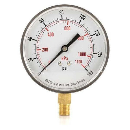 Commercial Pressure Gauge, 0 to 160 psi, 3 1/2 in Dial, 1/4 in NPT, Bottom Location
