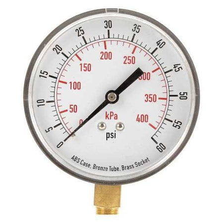 Commercial Pressure Gauge, 0 to 60 psi, 3 1/2 in Dial, 1/4 in NPT, Bottom Location