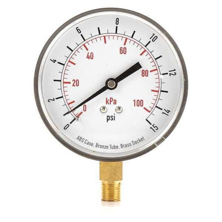 Commercial Pressure Gauge, 0 to 15 psi, 3 1/2 in Dial, 1/4 in NPT, Bottom Location