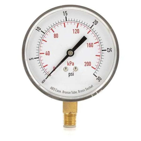 Commercial Pressure Gauge, 0 to 30 psi, 3 1/2 in Dial, 1/4 in NPT, Bottom Location