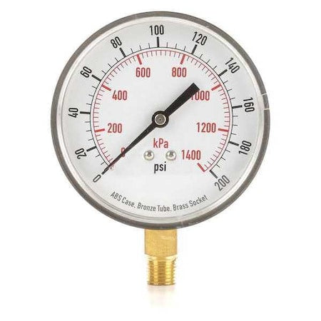 Commercial Pressure Gauge, 0 to 200 psi, 3 1/2 in Dial, 1/4 in NPT, Bottom Location