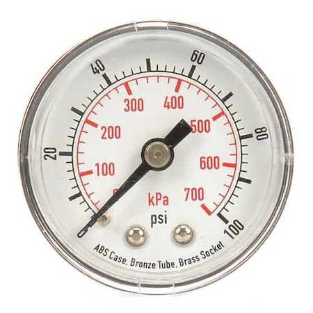 Pressure Gauge, Commercial, 0 to 100 psi, 1 1/2 in Dial, 1/8 in MNPT, Plastic, Black