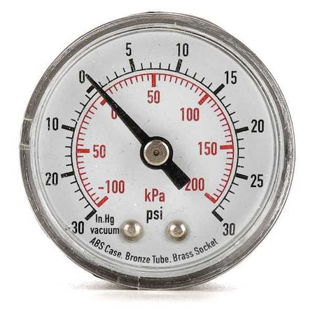 Commercial Compound Gauge, 30 to 0 to 30 psi, 1 1/2 in Dial, 1/8 in NPT, Center Back Location