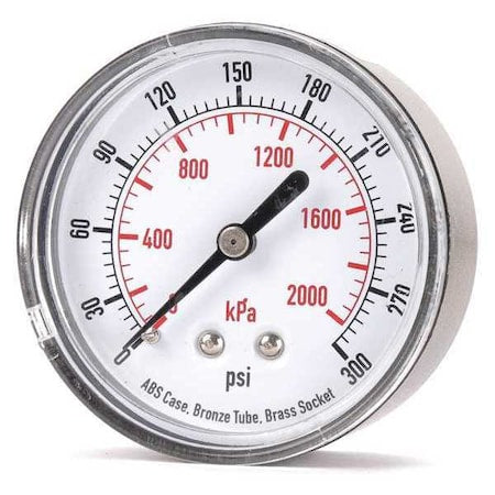 Commercial Pressure Gauge, 0 to 300 psi, 2 1/2 in Dial, 1/4 in NPT, Center Back Location