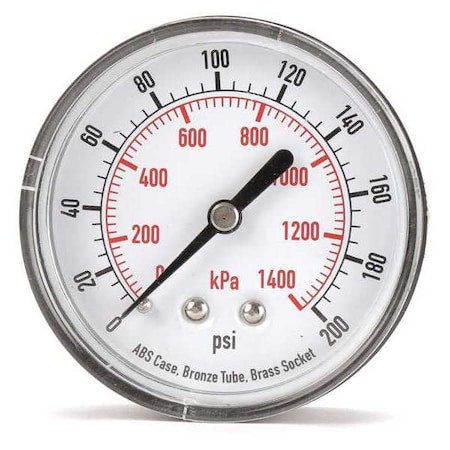 Commercial Pressure Gauge, 0 to 200 psi, 2 1/2 in Dial, 1/4 in NPT, Center Back Location
