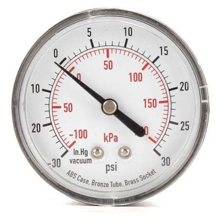 Commercial Compound Gauge, 30 to 0 to 30 psi, 2 1/2 in Dial, 1/4 in NPT, Center Back Location
