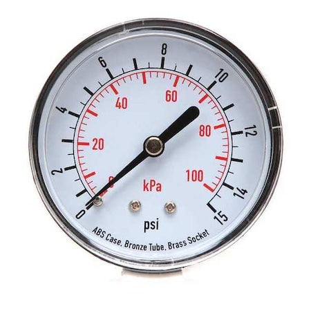 Commercial Pressure Gauge, 0 to 15 psi, 2 1/2 in Dial, 1/4 in NPT, Center Back Location