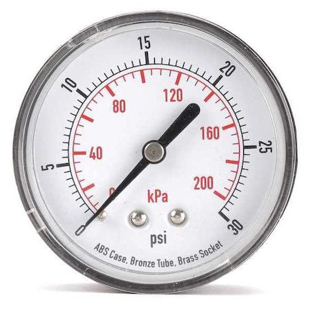 Commercial Pressure Gauge, 0 to 30 psi, 2 1/2 in Dial, 1/4 in NPT, Center Back Location