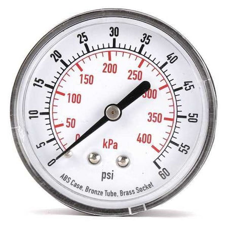 Commercial Pressure Gauge, 0 to 60 psi, 2 1/2 in Dial, 1/4 in NPT, Center Back Location
