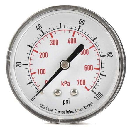 Commercial Pressure Gauge, 0 to 100 psi, 2 1/2 in Dial, 1/4 in NPT, Center Back Location