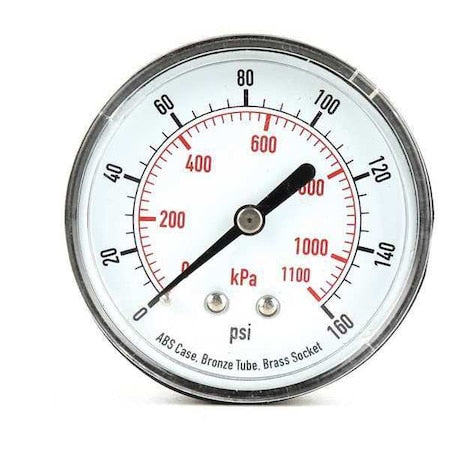 Commercial Pressure Gauge, 0 to 160 psi, 2 1/2 in Dial, 1/4 in NPT, Center Back Location