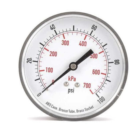 Commercial Pressure Gauge, 0 to 100 psi, 3 1/2 in Dial, 1/4 in NPT, Center Back Location