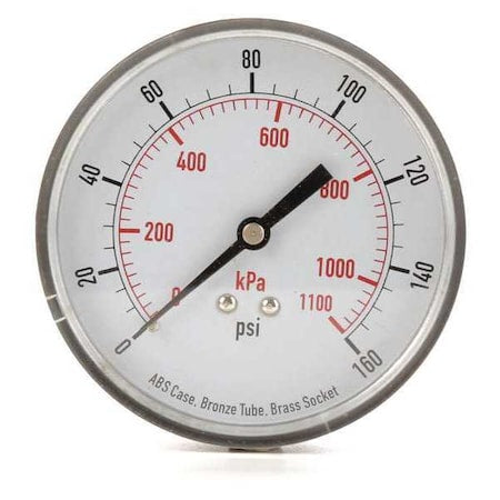 Commercial Pressure Gauge, 0 to 160 psi, 3 1/2 in Dial, 1/4 in NPT, Center Back Location