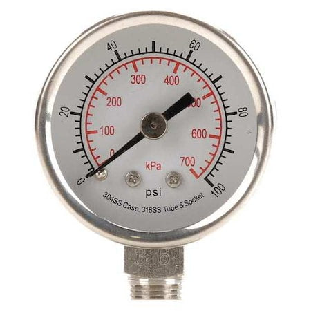 Commercial Pressure Gauge, 0 to 100 psi, 1 1/2 in Dial, 1/8 in NPT, Bottom Location