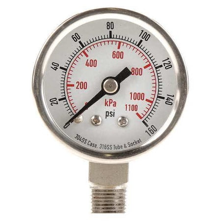 Commercial Pressure Gauge, 0 to 160 psi, 1 1/2 in Dial, 1/8 in NPT, Bottom Location
