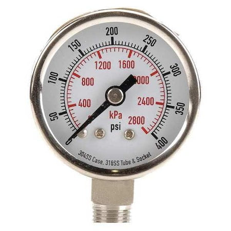 Commercial Pressure Gauge, 0 to 400 psi, 1 1/2 in Dial, 1/8 in NPT, Bottom Location