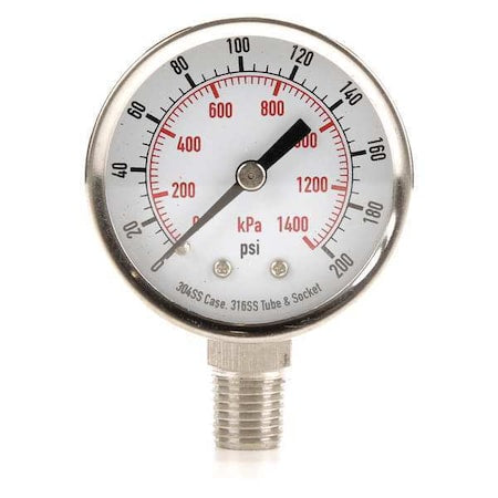 Commercial Pressure Gauge, 0 to 200 psi, 2 in Dial, 1/4 in NPT, Bottom Location
