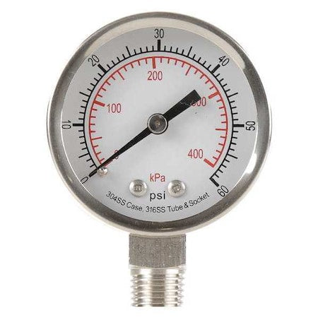 Commercial Pressure Gauge, 0 to 60 psi, 2 in Dial, 1/4 in NPT, Bottom Location