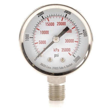 Commercial Pressure Gauge, 0 to 5, 000 psi, 2 in Dial, 1/4 in NPT, Bottom Location