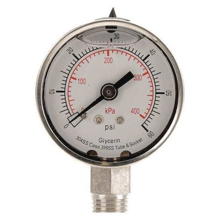 Commercial Pressure Gauge, 0 to 300 psi, 2 in Dial, 1/4 in NPT, Bottom Location