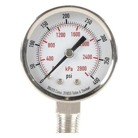 Commercial Pressure Gauge, 0 to 400 psi, 2 in Dial, 1/4 in NPT, Bottom Location